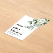 白い花、ユーカリ結婚と枠 アクリル招待状 (レイダウン)
