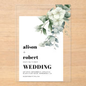 白い花、ユーカリ結婚と枠 アクリル招待状 (正面)