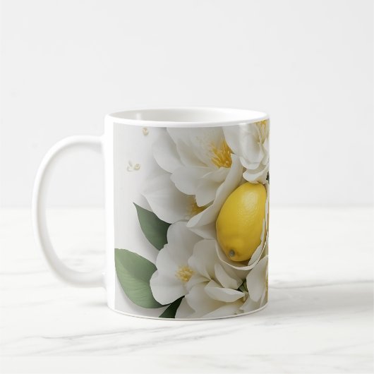 白い花、レモンと緑の葉白の コーヒーマグカップ (左)