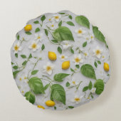 白い花 レモン 緑の葉の模様 白地に ラウンドクッション (裏面)