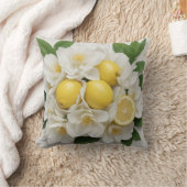 白い花、レモン＆緑の葉 白背景 クッション (ブランケット)