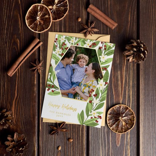 白い花 赤い実 六角形 楽しいホリデー 箔シーズンカード