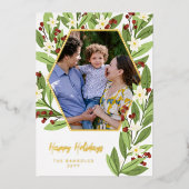 白い花 赤い実 六角形 楽しいホリデー 箔シーズンカード (正面)