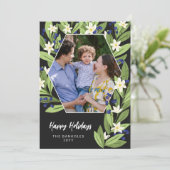 白い花 青い実 六角形の 楽しいホリデー シーズンカード (スタンド正面)