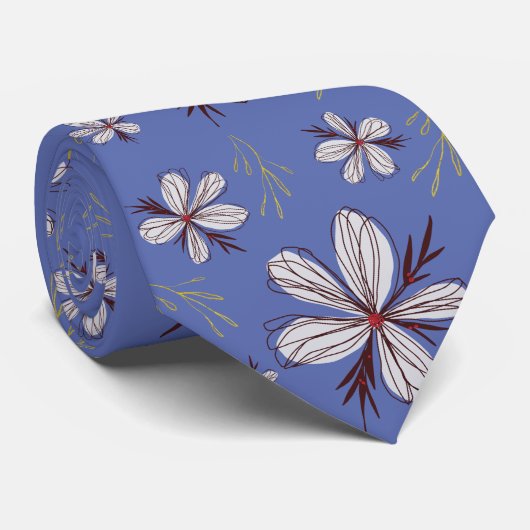 白い花、青い背景 ネクタイ (ロール)