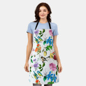 白い花、鳥、ハチ、レモン、蝶、 エプロン (着用した状態)