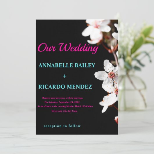 白い花/黒の背景結婚式招待状 招待状 (スタンド正面)