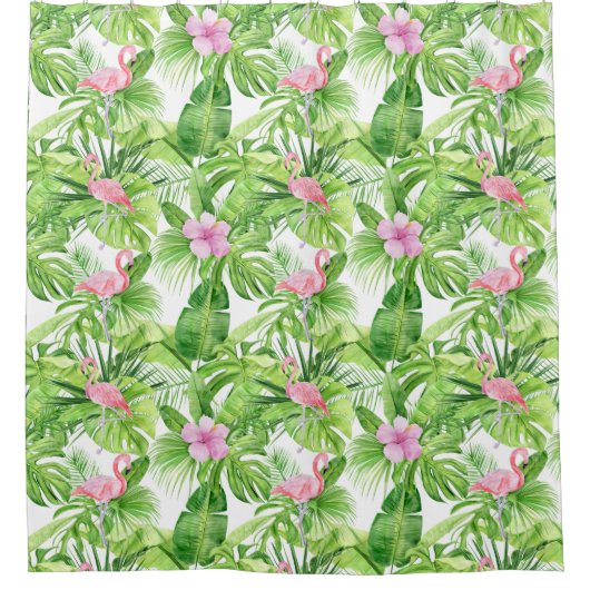 白い葉の熱帯地方のピンクのフラミンゴ シャワーカーテン (正面)