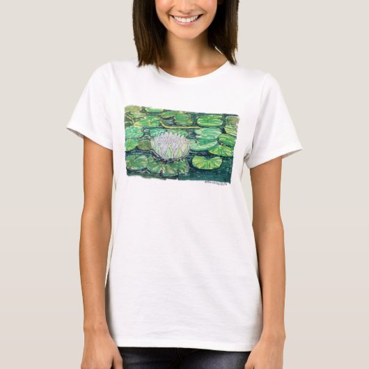 白い蓮と蓮の葉 Tシャツ (正面)