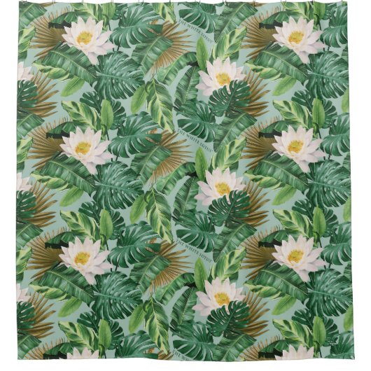 白い蓮の熱帯林冠模様 シャワーカーテン (正面)