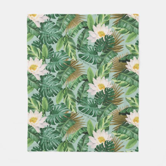 白い蓮の熱帯林冠模様 フリースブランケット (正面)