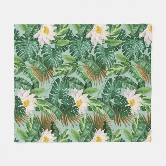 白い蓮の熱帯林冠模様 フリースブランケット (正面(横))