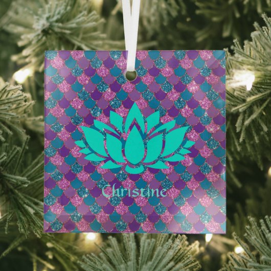 白い蓮の花数々の色の人魚はかりで測 ガラスオーナメント (インサイチュ)