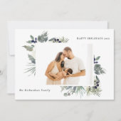 白い薄暗い緑のクリスマスの葉の写真幸せ シーズンカード (正面)