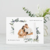 白い薄暗い緑のクリスマスの葉の写真幸せ シーズンカード (スタンド正面)