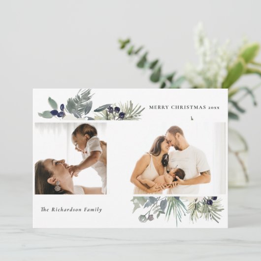 白い薄暗い緑のメリークリスマスの葉2枚の写真 シーズンカード (スタンド正面)