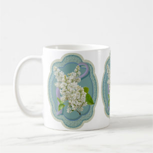 白い薄紫の花を囲んだ緑のロマンチック コーヒーマグカップ