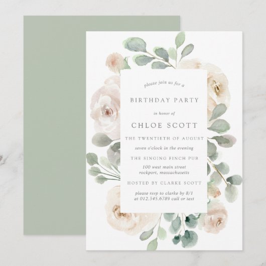 白い薔薇の花束　植物学の誕生日 招待状 (正面/裏面)