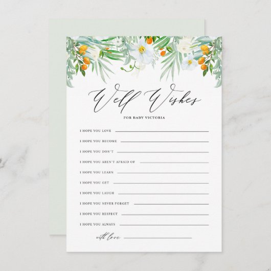 白い蘭とクムクアッツベイビーシャワーの願い エンクロージャーカード (正面/裏面)