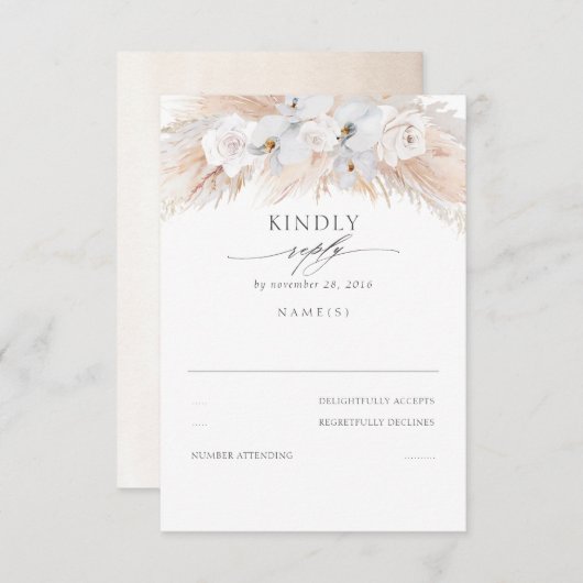 白い蘭とバラ乾燥パンパスウェディングRSVP 出欠カード (正面/裏面)