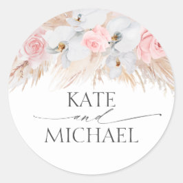 白い蘭とパンパスグラス結婚ピンク ラウンドシール
