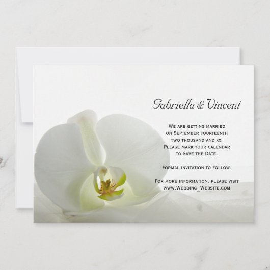 白い蘭とベールの結婚式の日付を保存 招待状 (正面)
