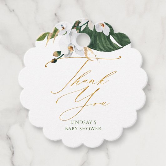 白い蘭とヤシの葉の赤ちゃんシャワーありがとう フェイバータグ (正面)