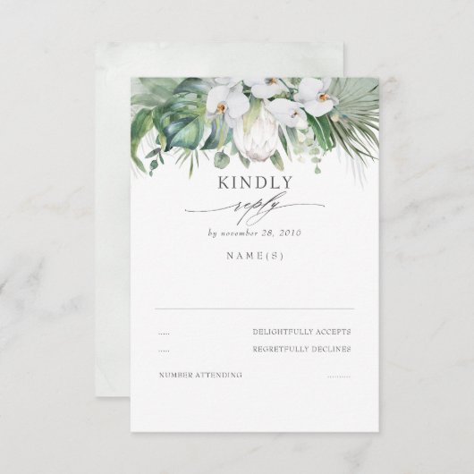白い蘭と王プロテアウェディングRSVP 出欠カード (正面/裏面)