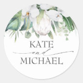 白い蘭と王プロテア熱帯緑 ラウンドシール (正面)