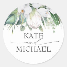 白い蘭と王プロテア熱帯緑 ラウンドシール