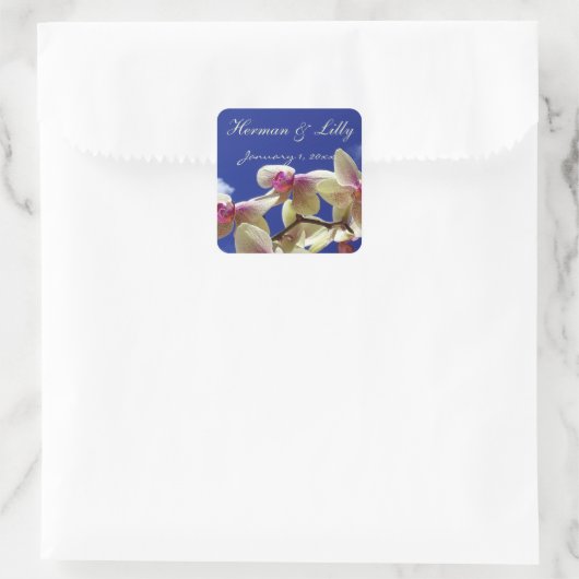 白い蘭と青い空パーソナライズされた結婚の スクエアシール (バッグ)