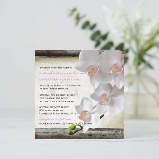 白い蘭のシックでエレガントな国の結婚式の招待 招待状 (スタンド正面)