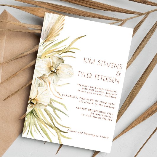 白い蘭のススキモダンボホ結婚ス 招待状