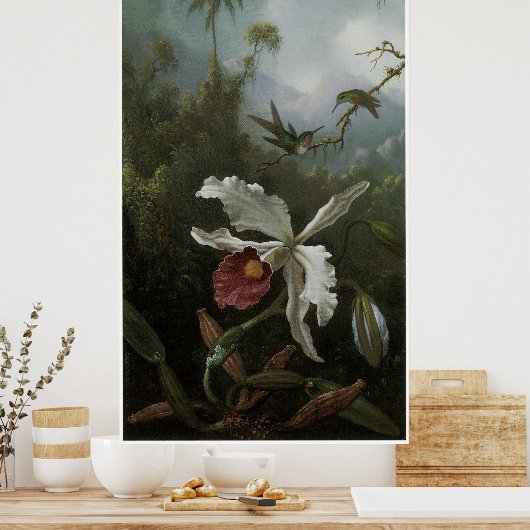 白い蘭の上のハミングバード2羽、1870年代 ポスター (キッチン)