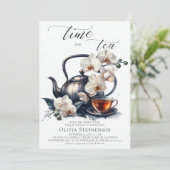 白い蘭の水の色のスクリプトブライダル茶シャワー 招待状 (スタンド正面)