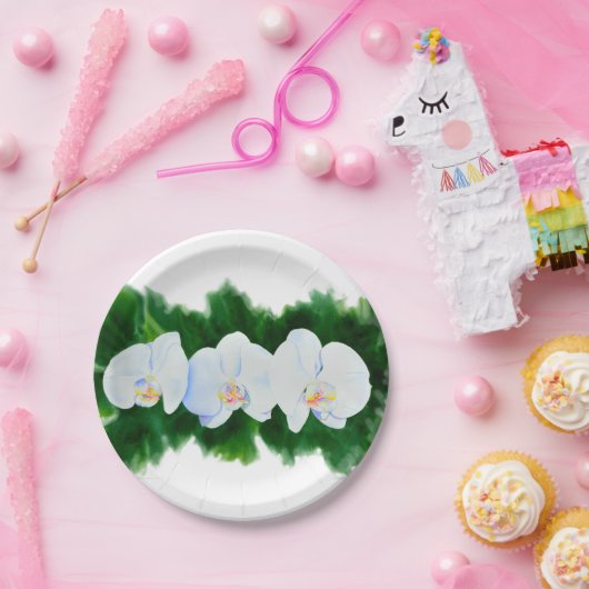 白い蘭の水の色フローラ ペーパープレート (パーティー)