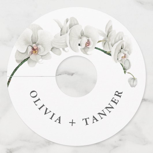 白い蘭の熱帯フローラ結婚ズ ワイングラスタグ (正面)