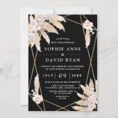白い蘭ピンクのローズパンパスグラスブラック結婚ズ 招待状 (正面)