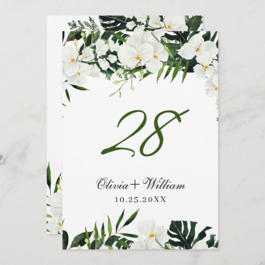 白い蘭ボヘミ結婚アンのテーブル番号 招待状 (正面/裏面)