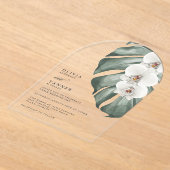 白い蘭モダンのアーチ結婚トロピカル アクリル招待状 (レイダウン)