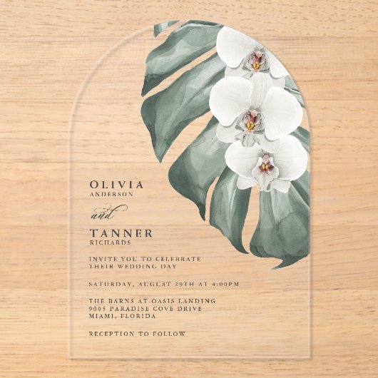 白い蘭モダンのアーチ結婚トロピカル アクリル招待状 (正面)