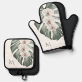 白い蘭モノグラムと熱帯フローラ 鍋つかみ&鍋敷きセット (正面/裏面)
