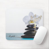 白い蘭、禅の石、金ゴールドツリーのシルエット マウスパッド (マウス)