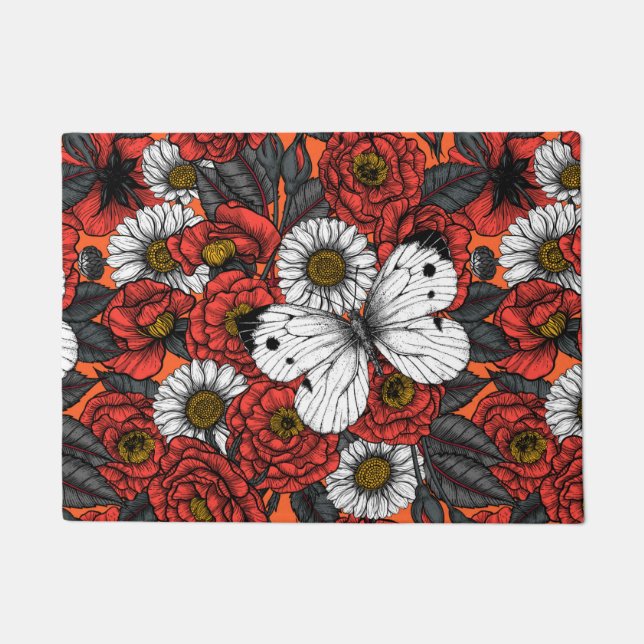 白い蝶とバラ ドアマット (正面)