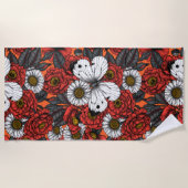 白い蝶とバラ ビーチタオル (正面)