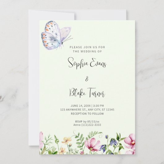 白い蝶と野の花の緑結婚の 招待状 (正面)