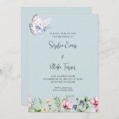白い蝶と野の花ソフトグリーン結婚ズ 招待状 (正面/裏面)