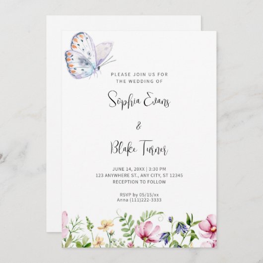 白い蝶と野の花ホワイトズ結婚ーズ 招待状 (正面/裏面)