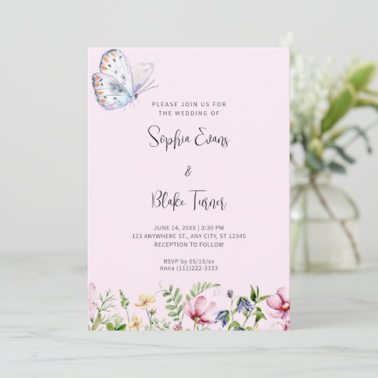 白い蝶と野生の花淡い色のピンク結婚ズ 招待状 (スタンド正面)