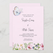 白い蝶と野生の花淡い色のピンク結婚ズ 招待状 (正面/裏面)